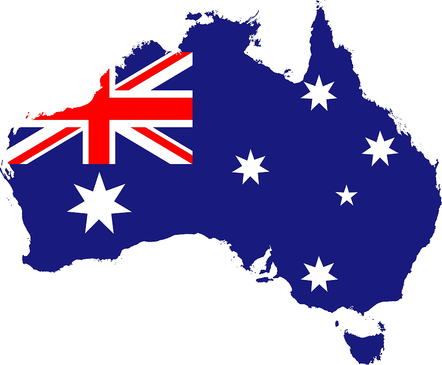 Australia flag in the shape of the country of Australia