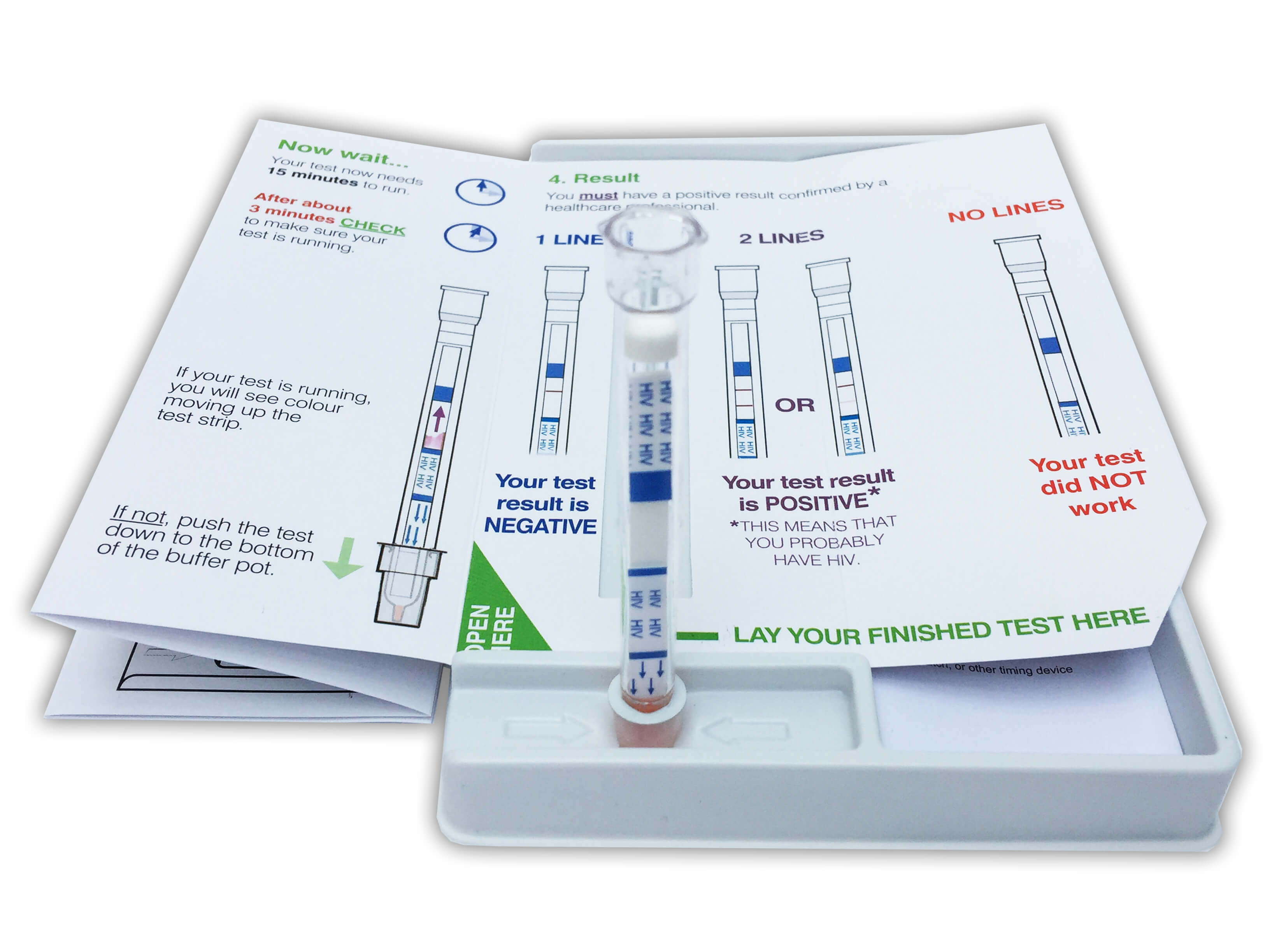 HIV self test with instructions and test in progress
