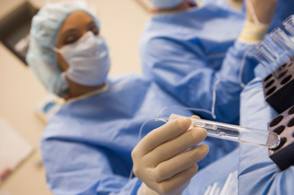 Lab technician looking at IVF test tubes